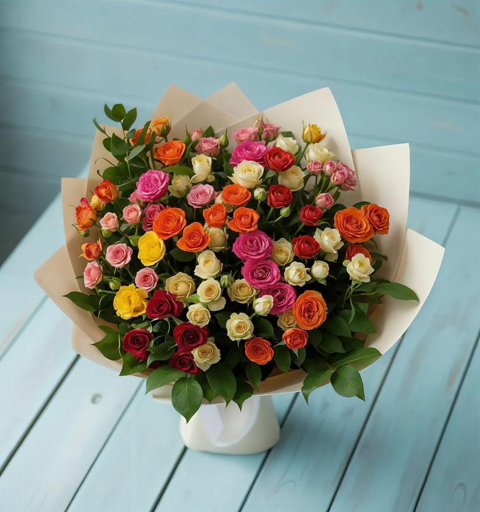 Букет Микс из разноцветных кустовых роз в Укромном