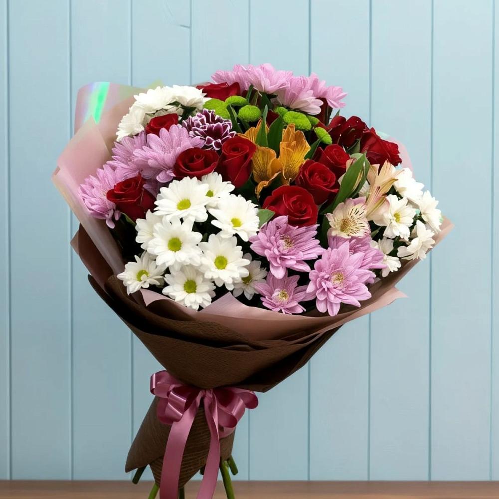 Букет цветов из: Розы, Хризантемы и Альстромерии в Укромном